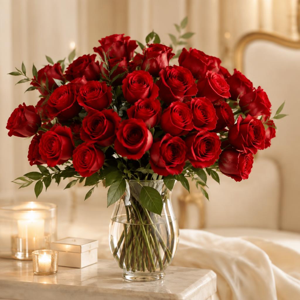Fresh red roses in place of artificial